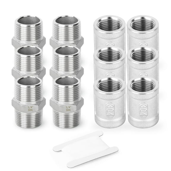 TAISHER 12PCS 304 Stainless Steel Hex Nipple 1/4" MNPT × 1/4" MNPT?Coupling 1/4" FNPT × 1/4" FNPT,Thread Pipe Fitting Kit