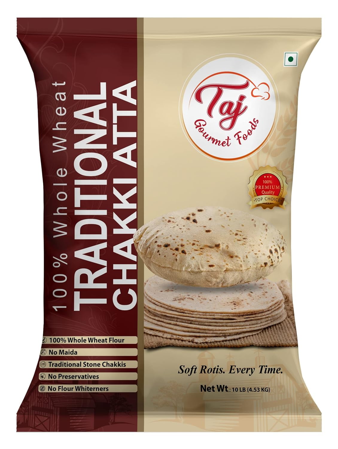 TAJ Chakki Atta, 100 Stone Ground Whole Wheat Flour 10 Pounds