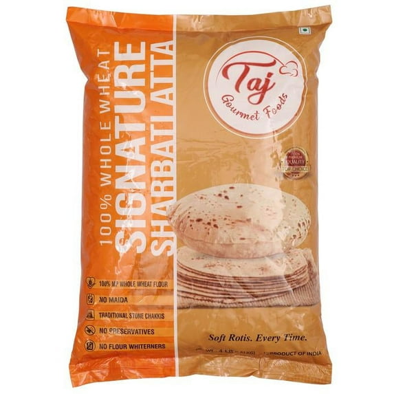 TAJ Signature Sharbati Atta, (Chakki Atta - Stone Ground) 100% Whole Wheat Flour, Chappati Flour, 4lbs