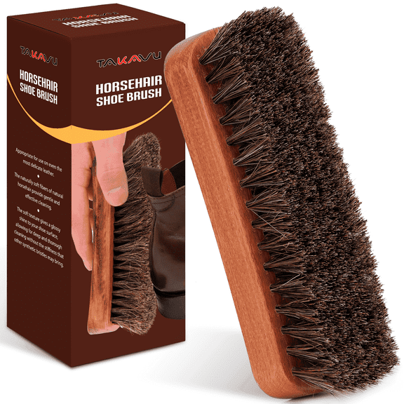TAKAVU 6.7-inch Horsehair Shoe Shine Brush Concave Wood Handle , Genuine Soft Bristle Leather Polishing and Cleaning Tool for Boots and Bags, 1-Pack