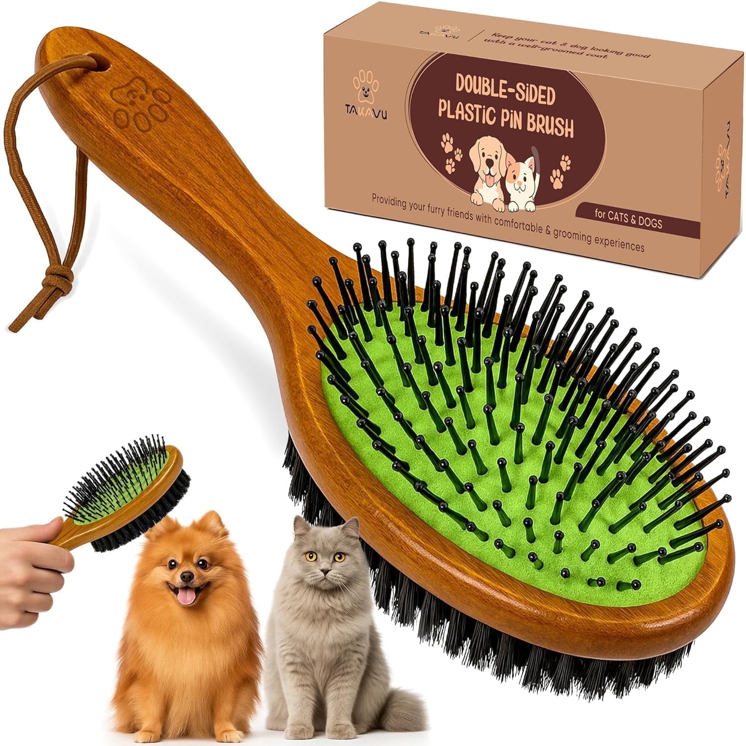 Takavu Double-Sided Pin & Boar Bristle Pet Brush with Wooden Handle for