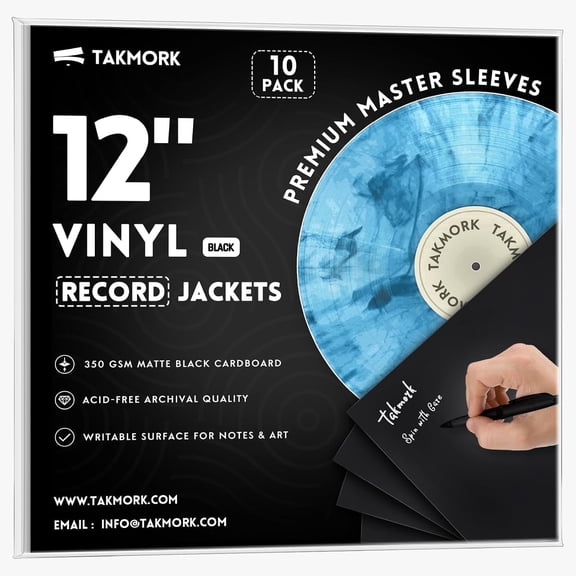 TAKMORK 12" Blank Vinyl Record Jackets, 350gsm Heavyweight Black Cardstock LP Album Covers with 4mm Spine, 10 Pack