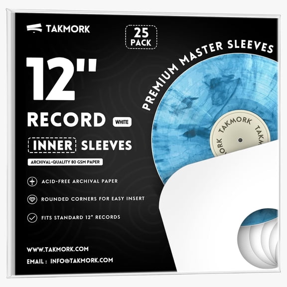 TAKMORK 12" Vinyl Record Inner Sleeves, 80g Heavyweight White Paper LP Protective Inserts for 33 RPM Albums, 25 Pack