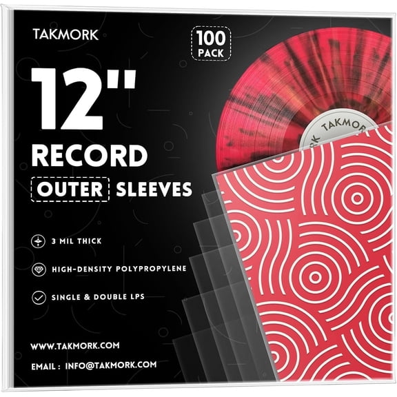 TAKMORK 12" Vinyl Record Outer Sleeves, LP Album Cover Protectors, 3 Mil Thick, 100 pack