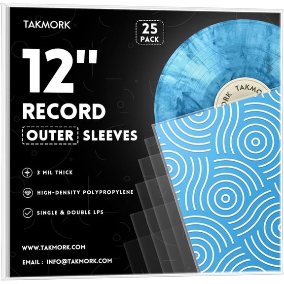 TAKMORK 12" Vinyl Record Outer Sleeves, Crystal Clear 3 Mil Thick LP Album Cover Protectors for Single & Double LPs, 25 Pack