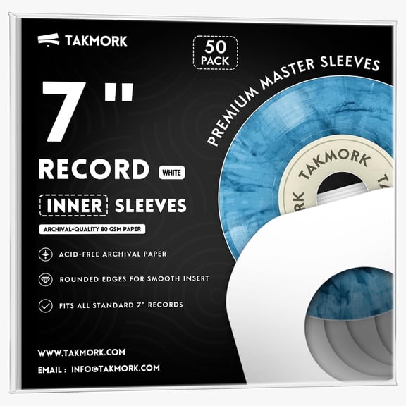 TAKMORK 7" Vinyl Record Inner Sleeves, 80g Heavyweight White Paper Protective Inserts for 45 RPM Singles, Rounded Corners, 50 Pack