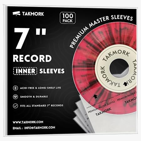 TAKMORK 7" Vinyl Record Inner Sleeves, Anti-Static Rice Paper & 3-Ply Polyethylene Covers for 45 RPM Records, Acid-Free, 100 Pack