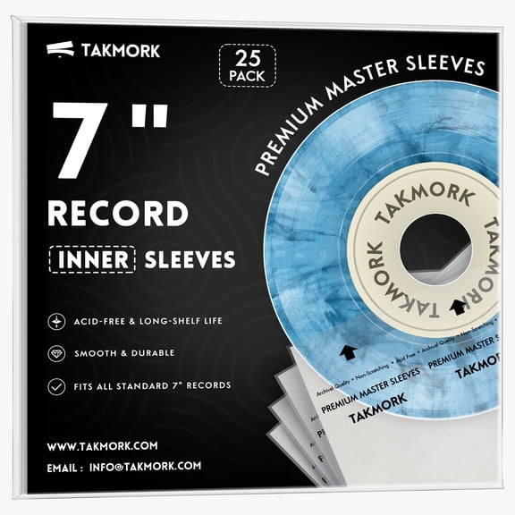 TAKMORK 7" Vinyl Record Inner Sleeves, Anti-Static Rice Paper & 3-Ply Polyethylene Covers for 45 RPM Records, Acid-Free, 25 Pack