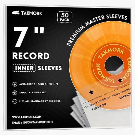 TAKMORK 7" Vinyl Record Inner Sleeves, Anti-Static Rice Paper & 3-Ply Polyethylene Covers for 45 RPM Records, Acid-Free, 50 Pack
