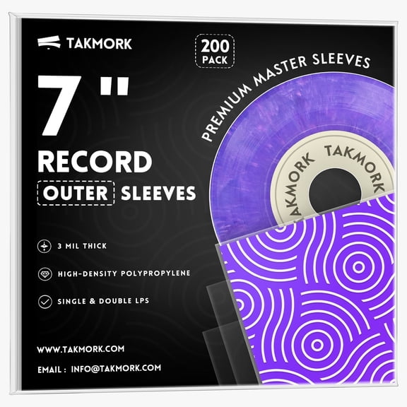 TAKMORK 7" Vinyl Record Outer Sleeves, Crystal Clear 3 Mil Thick Plastic Protective Covers for 45 RPM Singles, Flush-Cut for Easy Access, 200 Pack
