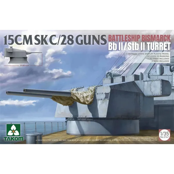 TAKOM 2147 1/35 15CMSK C/28 Guns Battleship Bismarck Bb II/Stb II Turret Model Kit Assemble