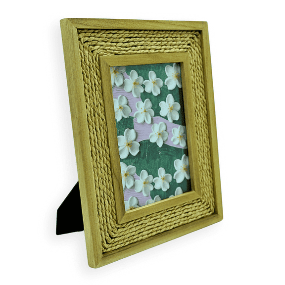 TAKORO 5x7 Picture Frame, Mango Wood with Handwoven Corn Husk Border, Rustic Boho Tabletop Display