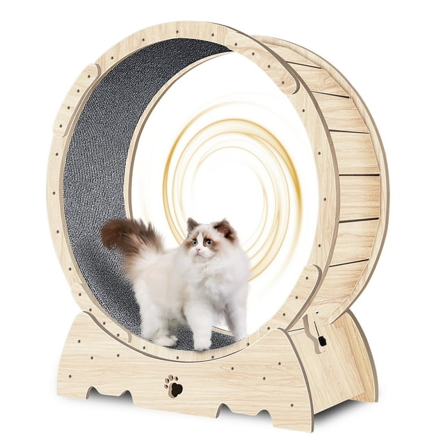 TAKOYI Cat Exercise Wheel, Cat Treadmill Wheel with Carpeted Runway for Daily Exercise, 37" Natural Wood Color