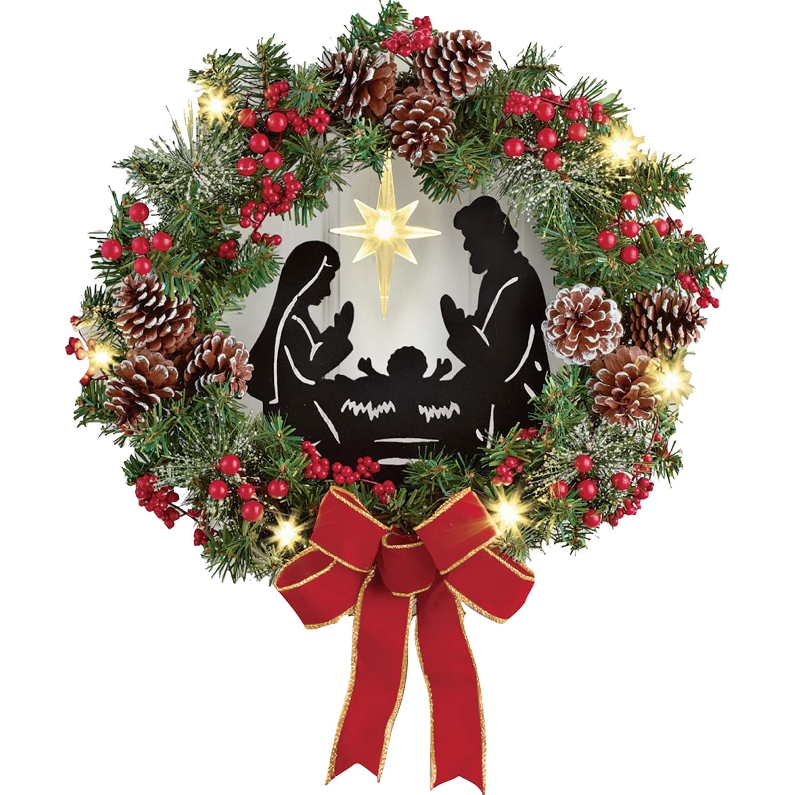 Christmas Pine Cone and Ribbon LED Wreath