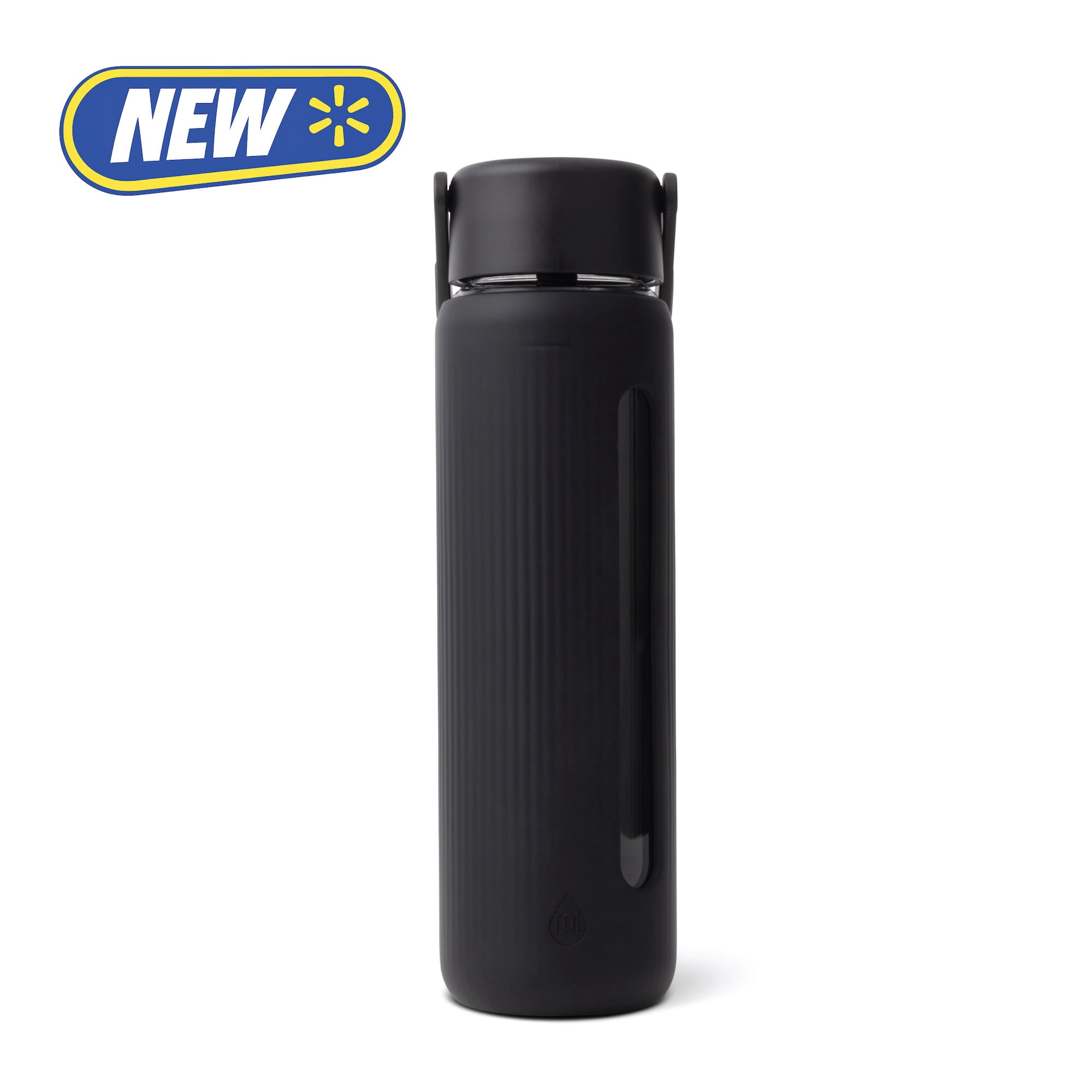 TAL 24oz Glass Willow Water Bottle with Flip-up Straw and Handle, Black