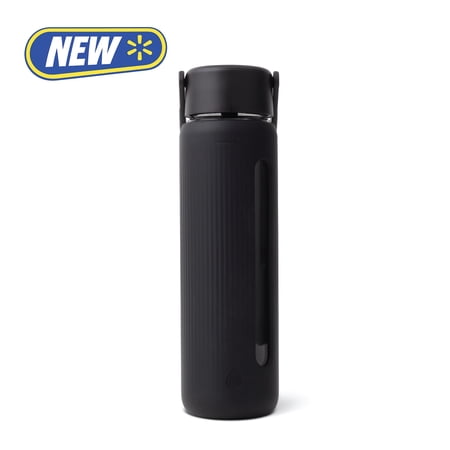 TAL 24oz Glass Willow Water Bottle with Flip-up Straw and Handle, Black