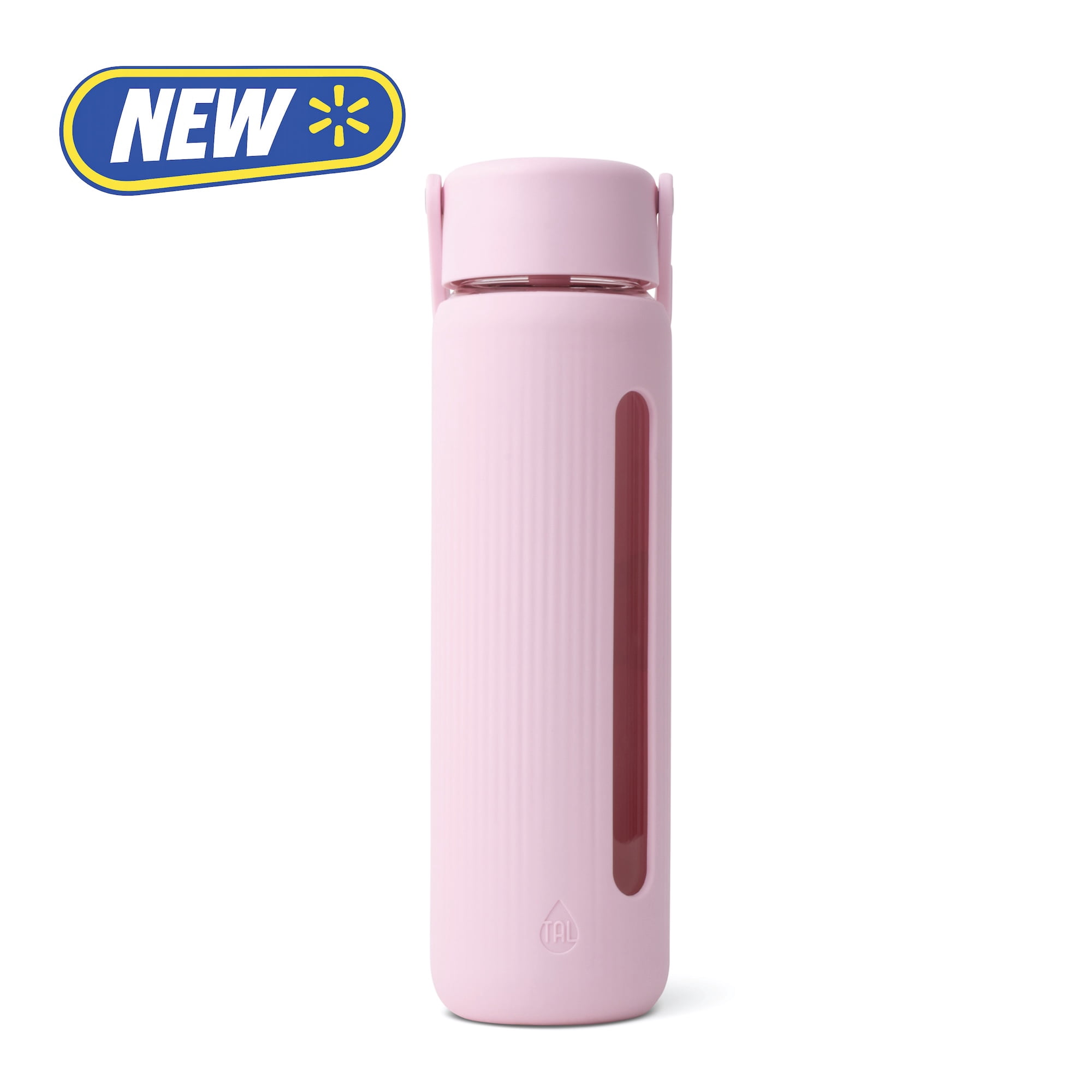 TAL 24oz Glass Willow Water Bottle with Flip-up Straw and Handle, Light Pink