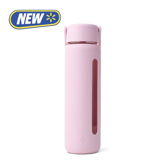 TAL 24oz Glass Willow Water Bottle with Flip-up Straw and Handle, Light Pink