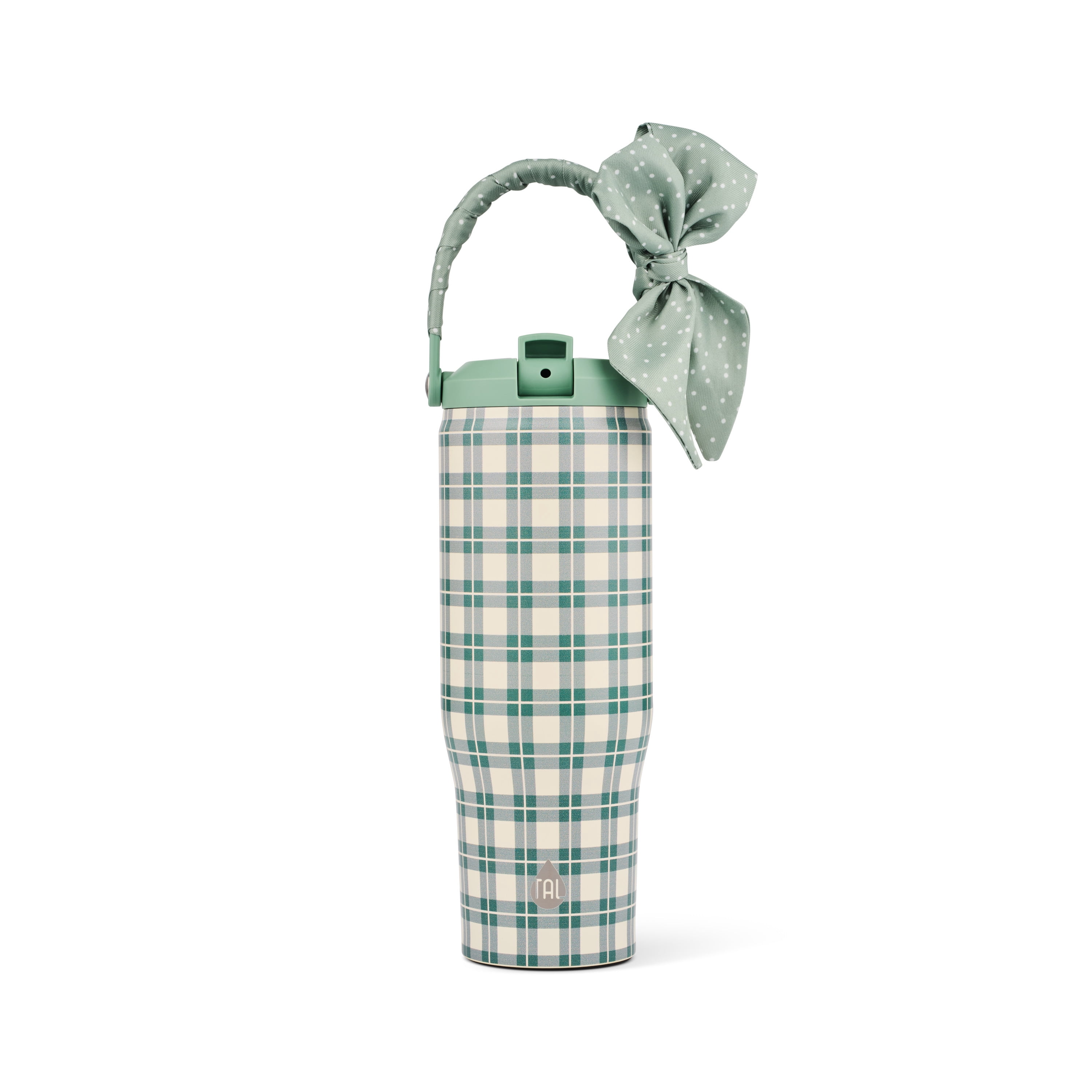 TAL 30oz Stainless Steel Hudson Flip Tumbler with Removable Scarf on Handle, Sage Plaid