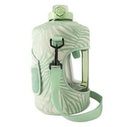 TAL Motivational Gallon Jug Water Bottle with Handle, Push Button Lid & Straw, Neoprene Sleeve, Easy-Carry Strap, Green Palms