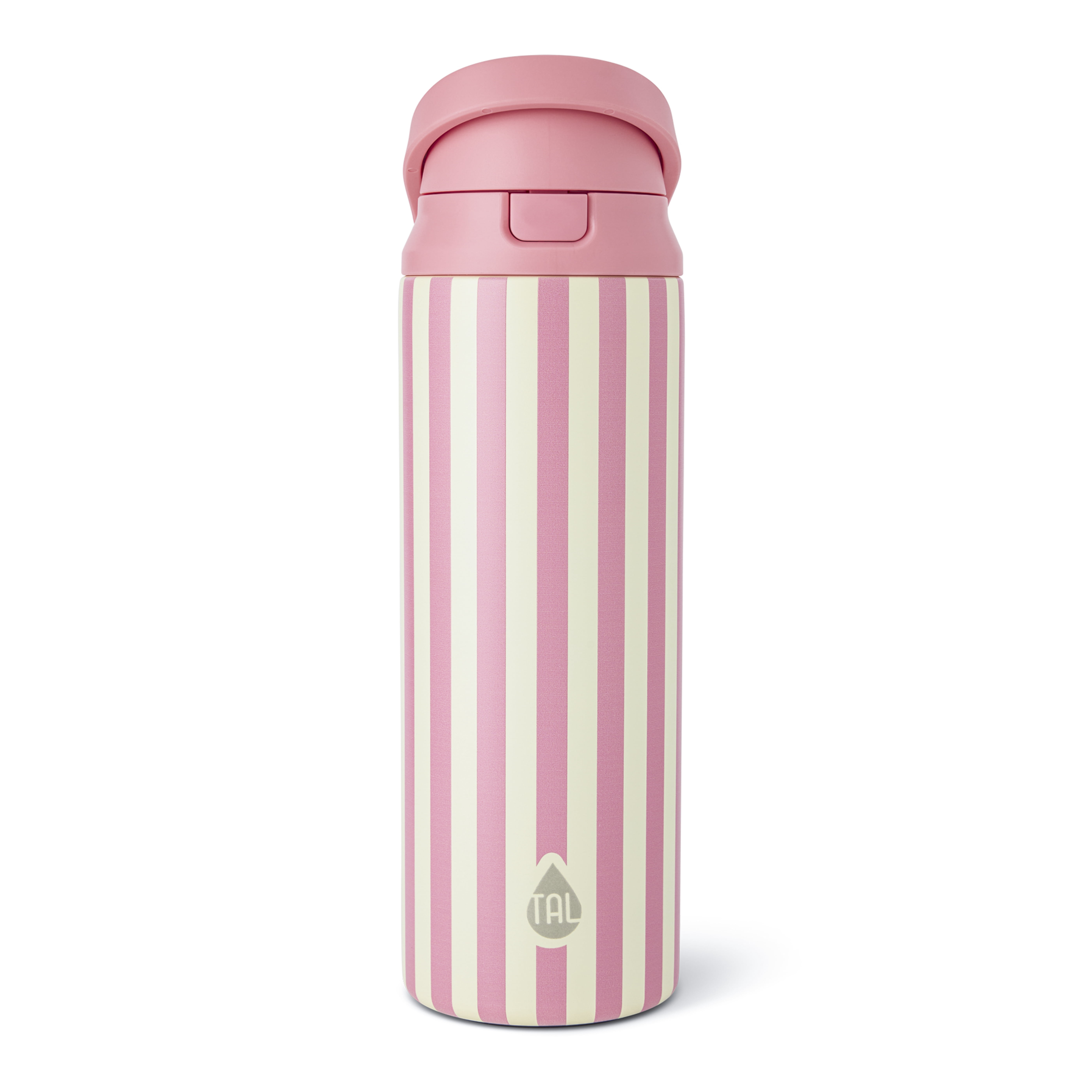 TAL 24oz Stainless Steel 2-in-1 Straw and Chug Water Bottle with Push Lid, Pink Stripes