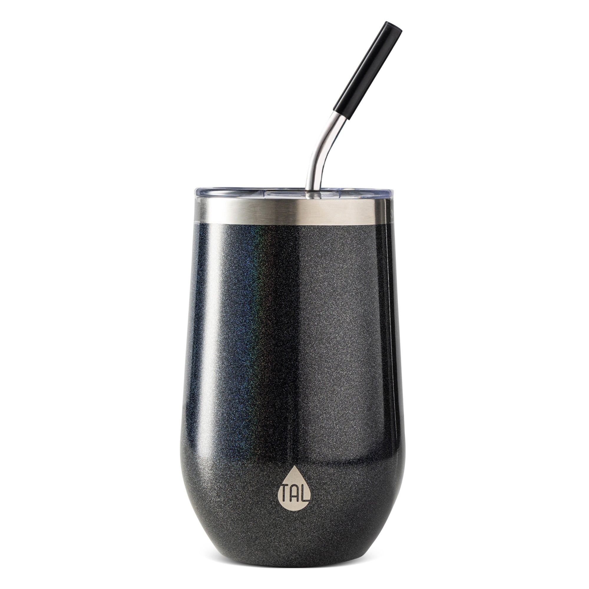 TAL 16oz Stainless Steel Wine Tumbler with Straw, Black Shimmer