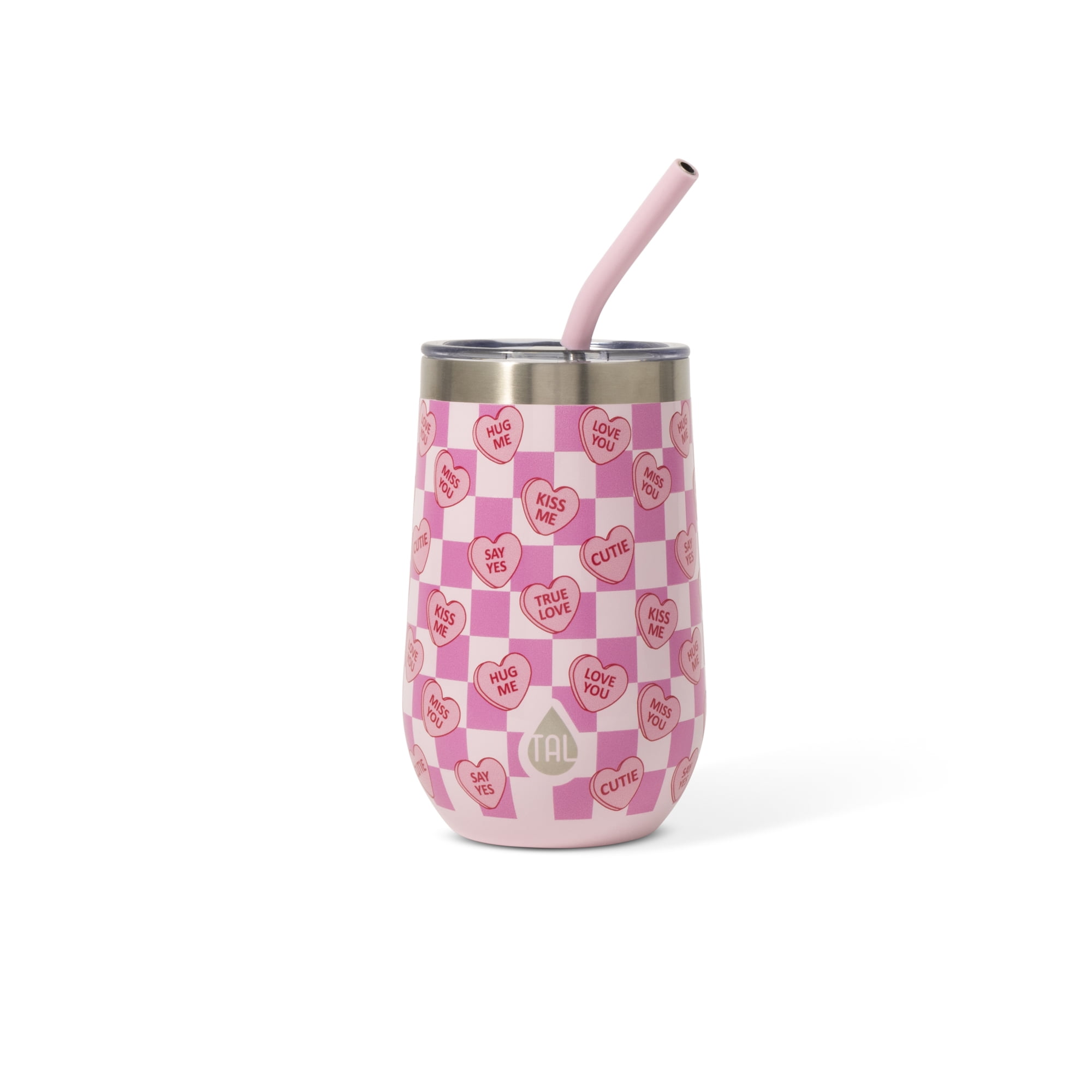 TAL 16oz Stainless Steel Wine Tumbler with Straw, Candy Hearts
