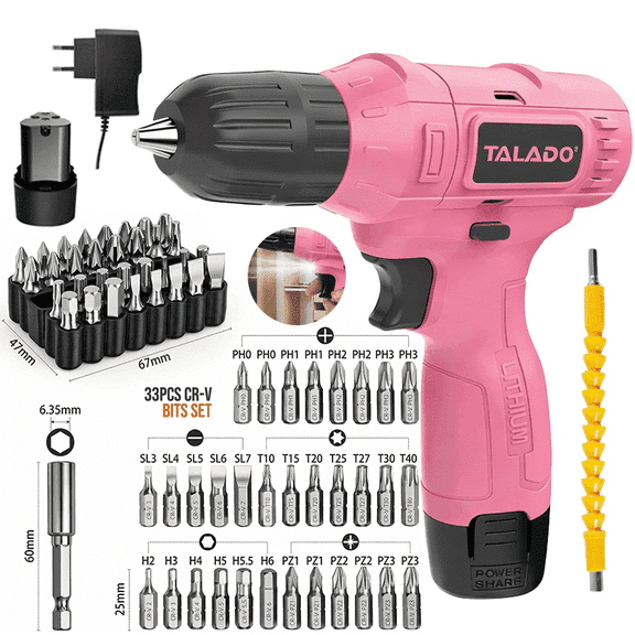 TALADO 12V Cordless Screwdriver with LED Work Light and 33pcs Bits 20N.m Rechargeable Lithium Battery Compact Design Home DIY Electric Drill Power Tool Set
