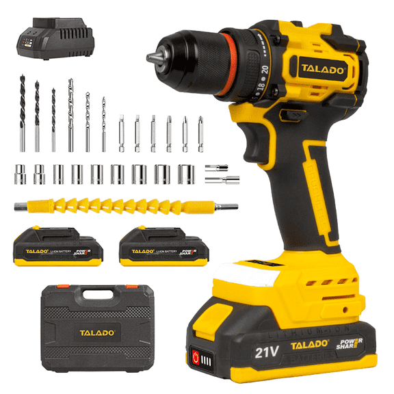 TALADO 21V Brushless Cordless Drill 20+1 Torque Settings, Built-In LED Light, High-Power Motor for Home DIY, Wood/Metal Drilling & Precision Driving