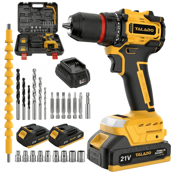 TALADO 21V Brushless Cordless Drill  20+1 Torque Settings, Built-In LED Light, High-Power Motor for Home DIY, Wood/Metal Drilling & Precision Driving