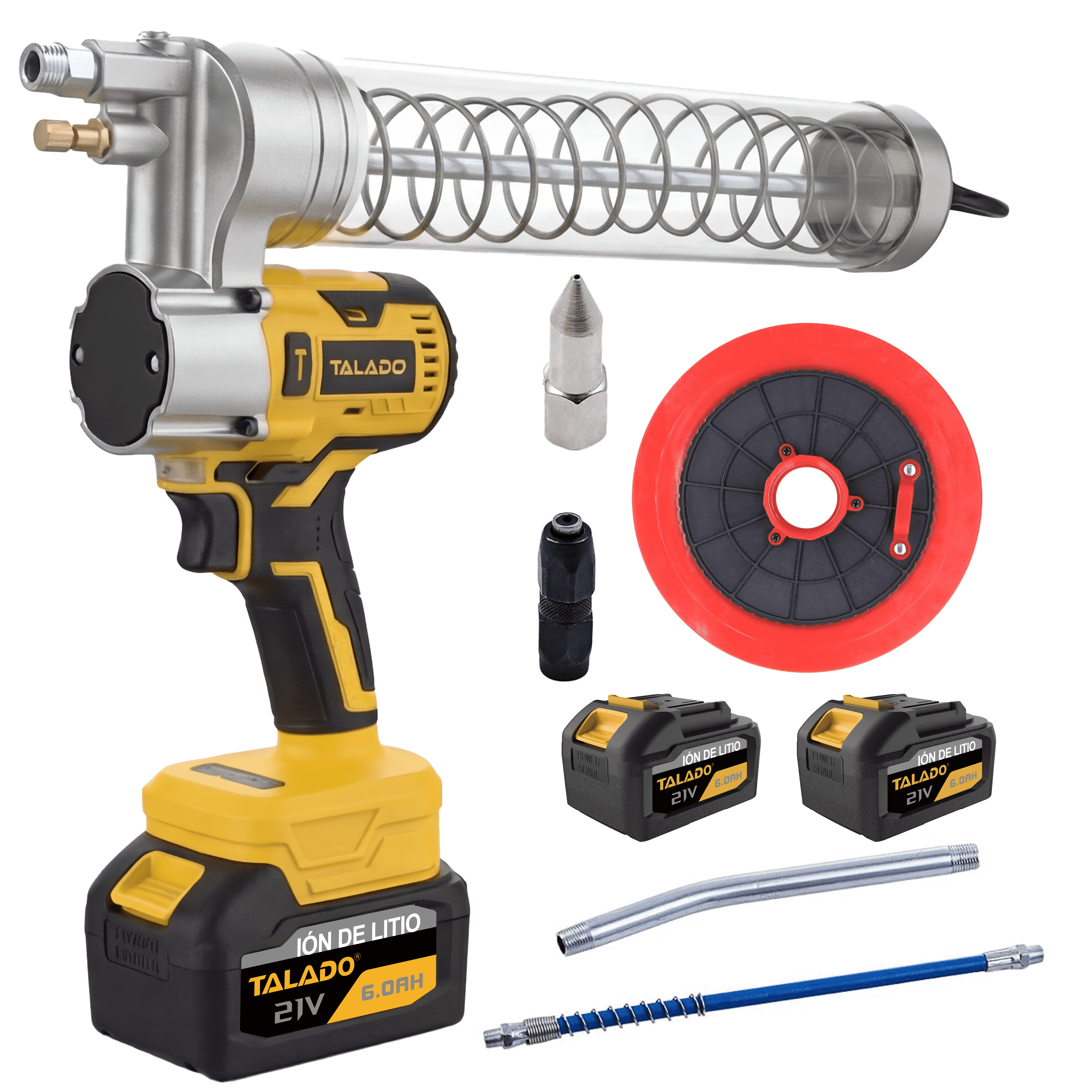 TALADO 21V Electric Grease Gun Kit, 10,000 PSI, Cordless, 2×6.0Ah Batteries, LED Light & Hose, for Cars, Trucks & Farm Equipment