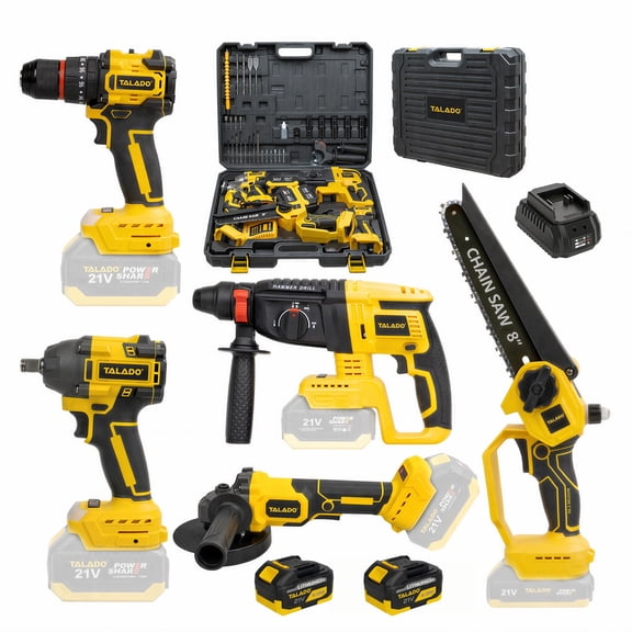 TALADO 5 Set Cordless Combo Kit Power Tools, Hammer/Angle Grinder/Impact Wrench/Drill Impact Drill/Chain Saw Set, Cordless Drill and Impact Driver Combo With 2 Battery for Home, DIYers, Auto