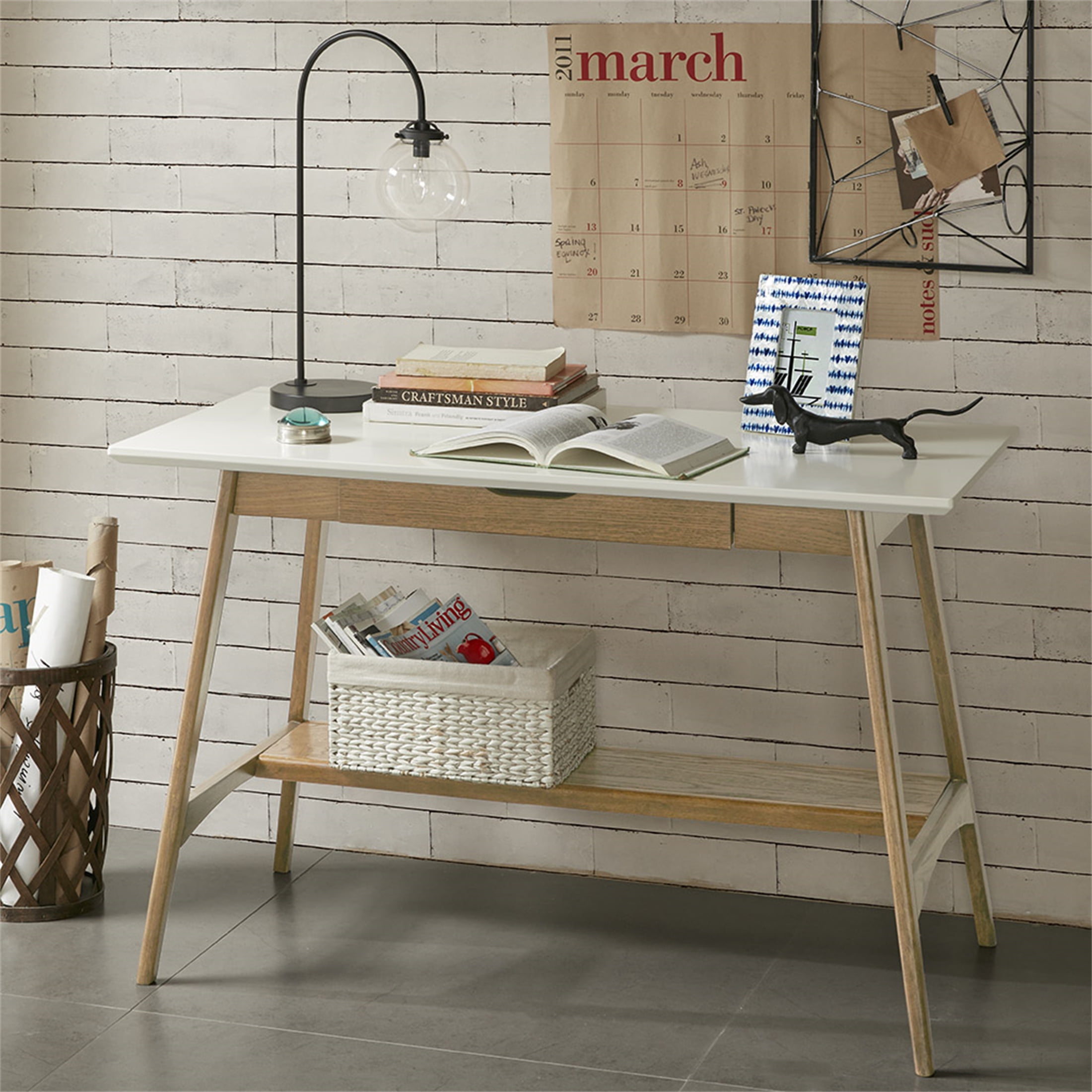 Mid-Century Modern Off-White and Natural Wood Desk with Drawer
