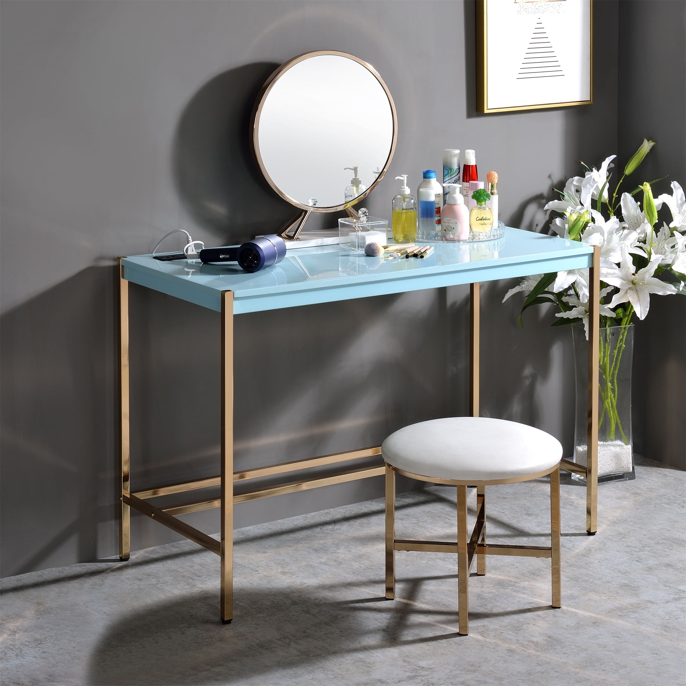 Elegant Baby Blue & Gold Writing Desk with USB & Filing Cabinet