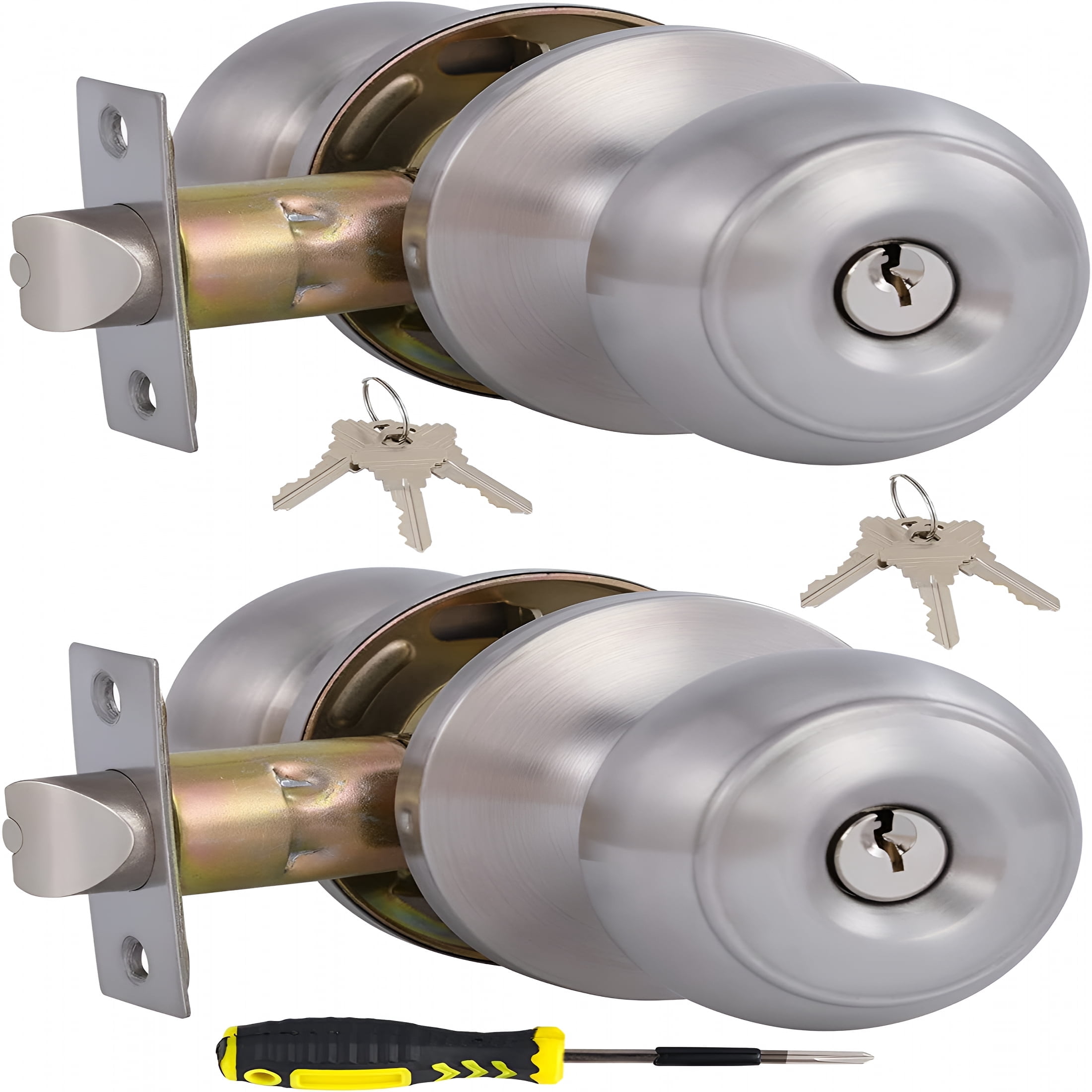 TALENO 2 Pack Entry Door Knob with Lock and Keys All Alike,Exterior/Interior Door Handles for Bedroom or Bathroom,Satin Stainless Steel Door Knobs for Front Door