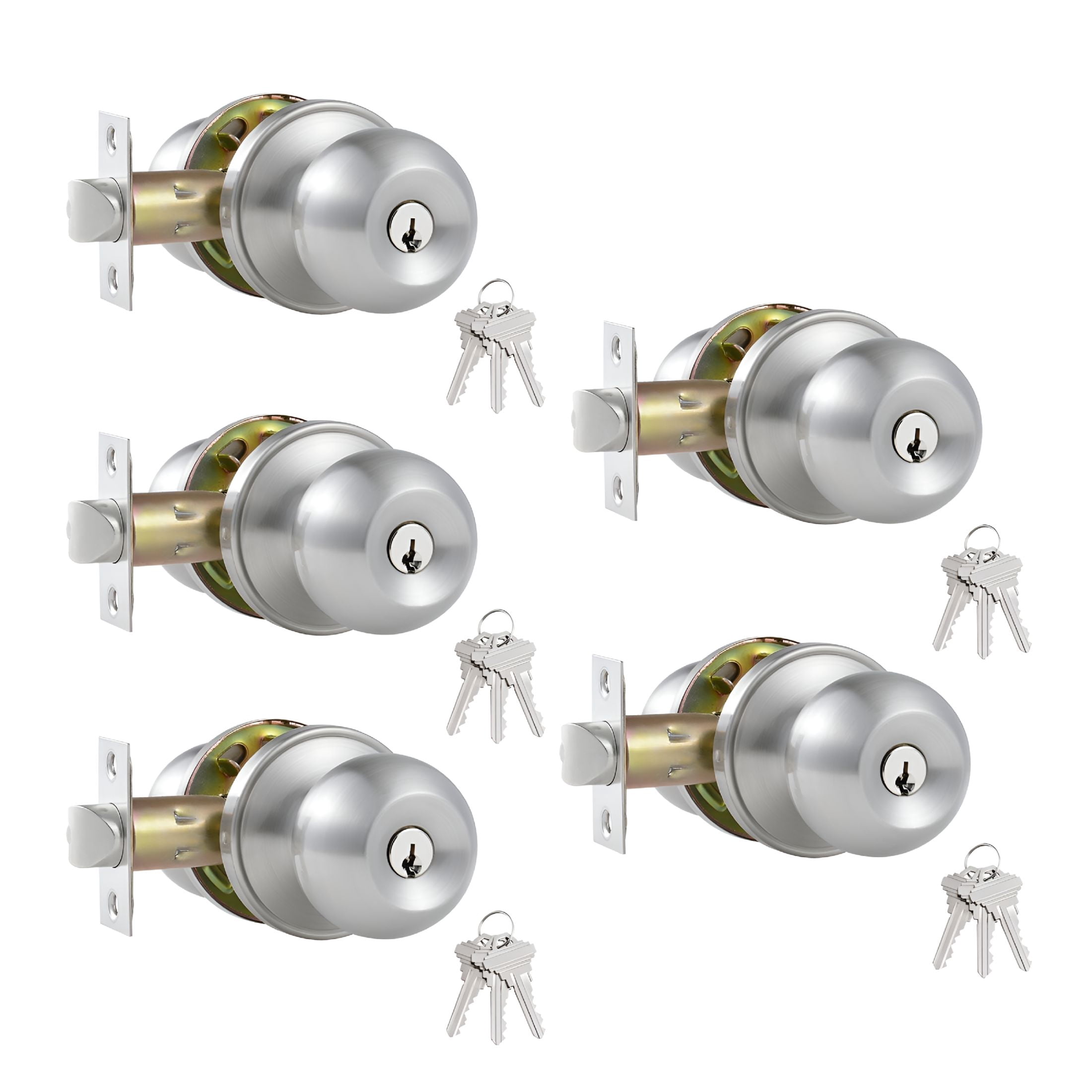 ZHZFKQ 5 Pack Satin Nickel Ball Entry Door Knob,Keyed-Alike for Bedroom Bathroom