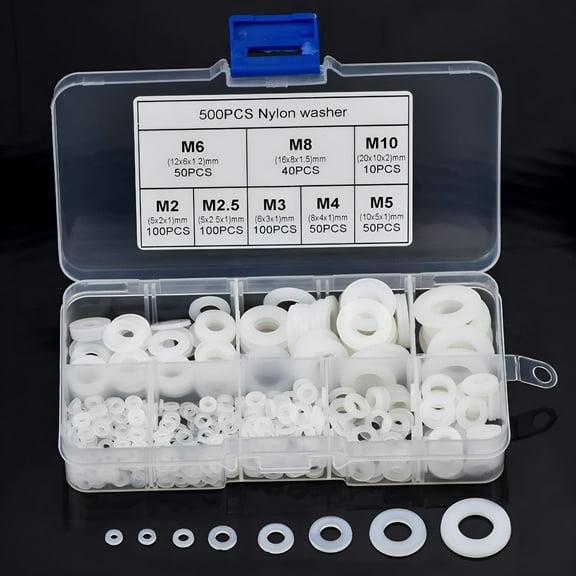 TALENO 500 Pack Nylon Plastic Washer Flat Washers,M2 M2.5 M3 M4 M5 M6 M8 M10,Nylon Spacer Assortment With Box