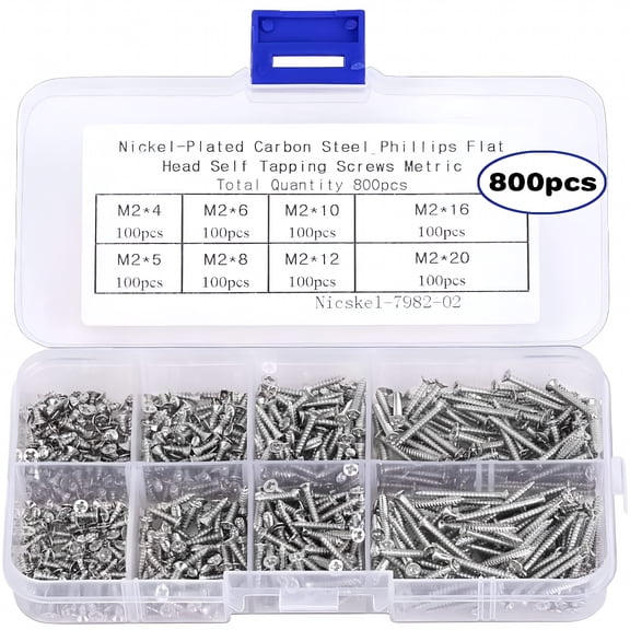 TALENO 800Pcs M2 Self-Tapping Screws Assortment Kit, Countersunk Phillips Flat Head Wood Fasteners (4-20mm), Nickel-Plated Stainless Steel for Electronics and DIY Projects