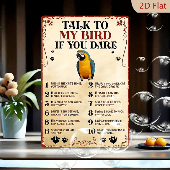 TALK TO MY BIRD IF YOU DARE Vintage Macaw Parrot Funny Poster Art Print 8x12 Inch Metal Wall Decor for Living Room Bedroom Home Office