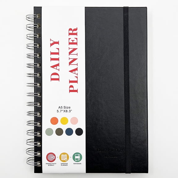 TALKVE Black Undated Daily Planner, Hourly Spiral Schedule Notebook with Elastic Closure & Pocket, 100gsm No-Bleed Paper Portable To Do List Organizer for Work Home Travel
