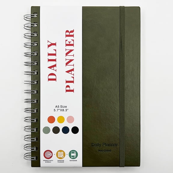 TALKVE Green Undated Daily Planner, Hourly Schedule Organizer, Spiral Time Management Notebook with Elastic Closure, Pocket, 100gsm No-Bleed Paper, Portable To Do List for Work & Home
