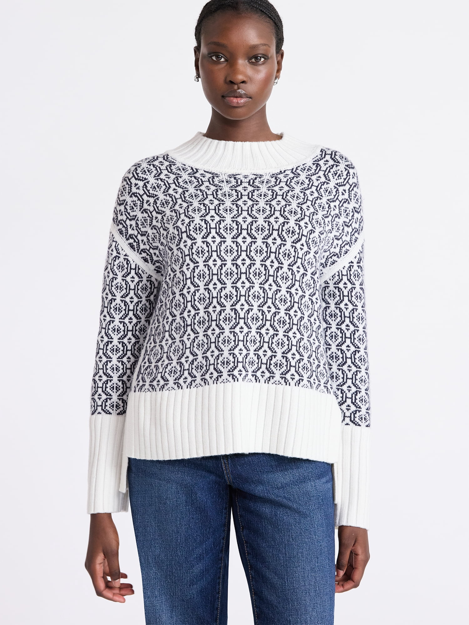 Free Assembly Women's Patterned Mock Neck Sweater with Tall Cuffs, Midweight, Sizes XS-XXL