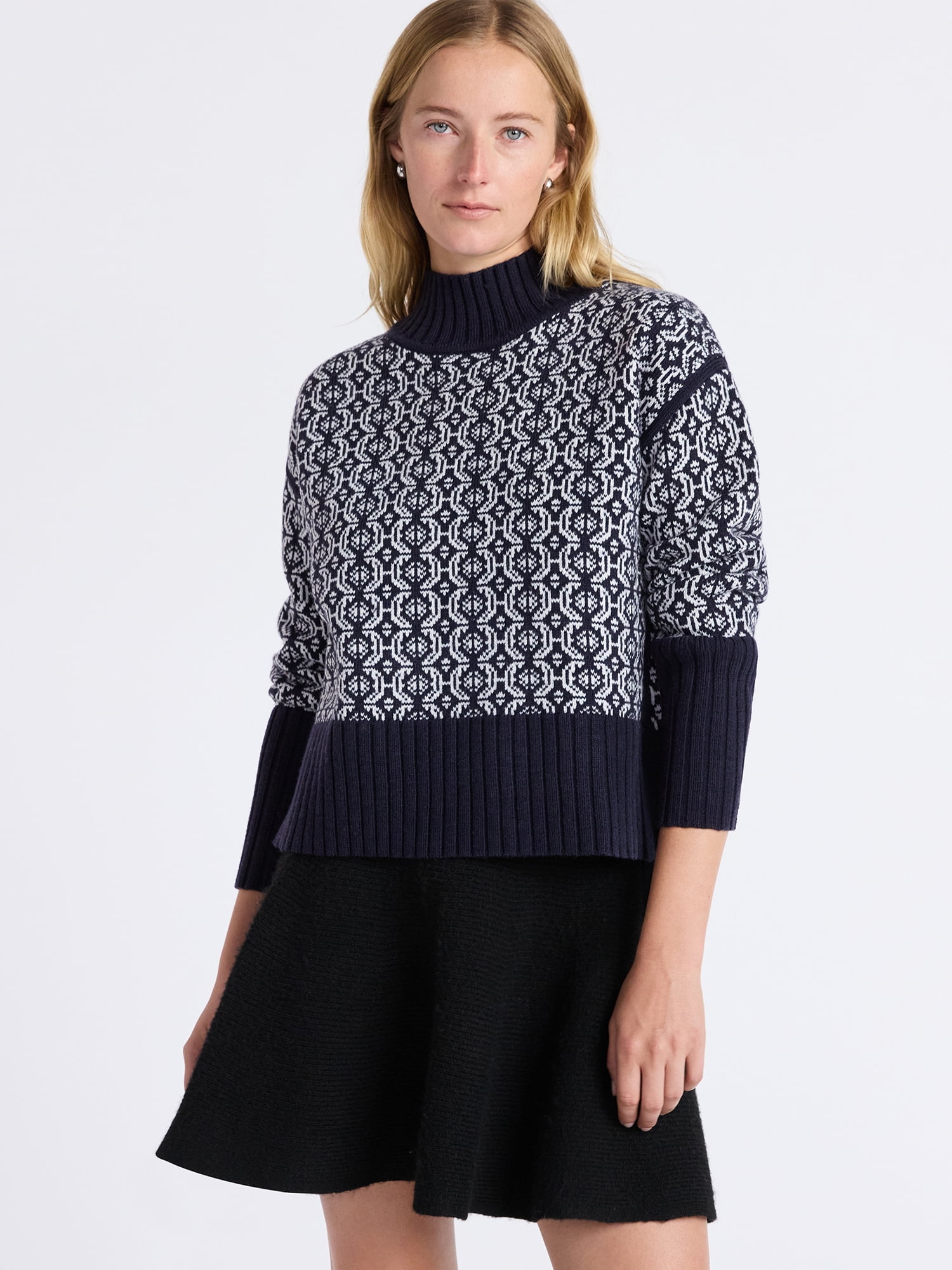 Free Assembly Women's Patterned Mock Neck Sweater with Tall Cuffs, Midweight, Sizes XS-XXL