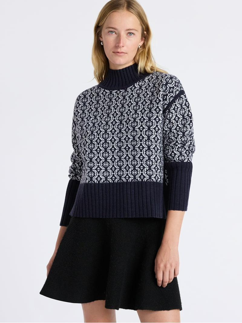 Free Assembly Women's Patterned Mock Neck Sweater with Tall Cuffs