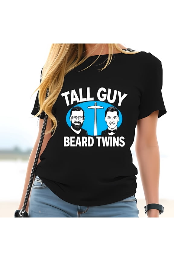 TALL GUY BEARD TWINS Graphic Cotton Short Sleeve T-Shirt - Fun Cartoon Design with Bearded Men & Tower