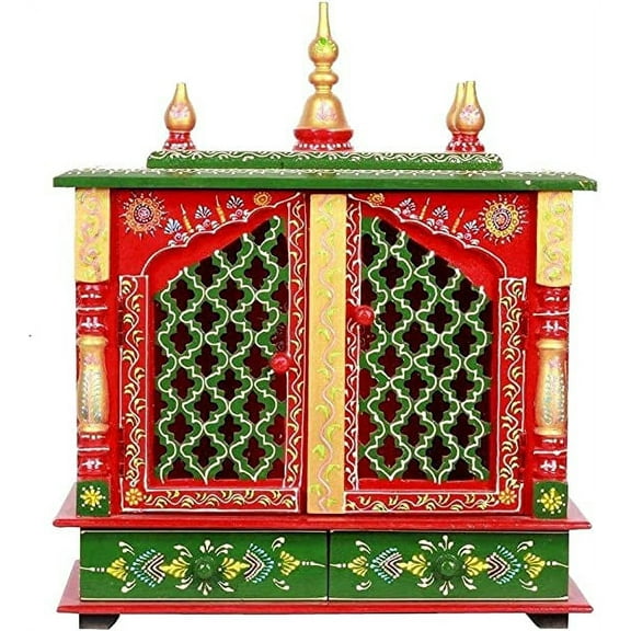 TAM Creatio Small Wooden Pooja Mandir Indian Hindu Decoration Puja Cabinet Temple Bhagwan Stand Mandapam Wall Hanging Decor for Home in USA (Red Green, Medium-20x12x24)
