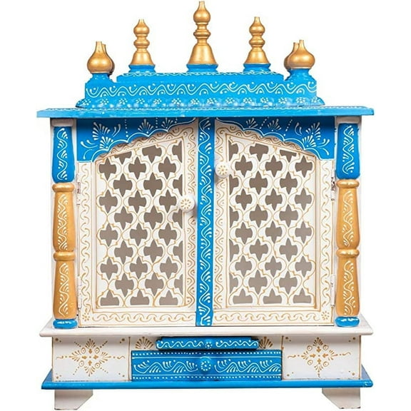TAM Creatio Small Wooden Pooja Mandir Indian Hindu Decoration Puja Cabinet Temple Bhagwan Stand Mandapam Wall Hanging Decor for Home in USA (White Blue, Medium-20x12x24)