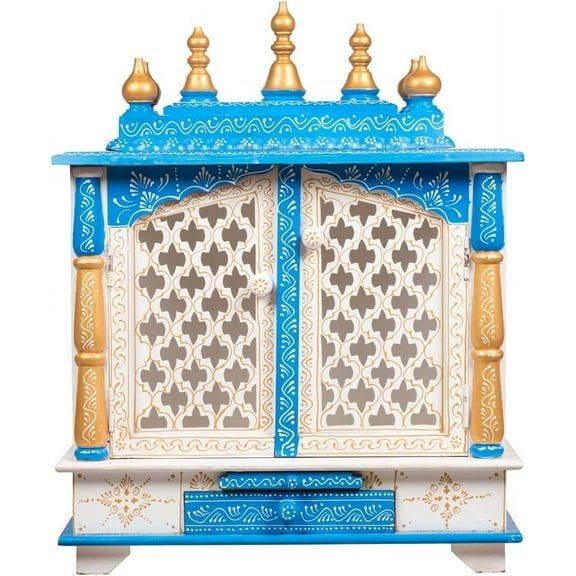 TAM Creatio Small Wooden Pooja Mandir Indian Hindu Decoration Puja Cabinet Temple Bhagwan Stand Mandapam Wall Hanging Decor for Home in USA (White Blue, Small-18X9X21)