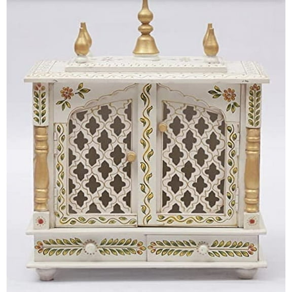TAM Creatio Small Wooden Pooja Mandir Indian Hindu Decoration Puja Cabinet Temple Bhagwan Stand Mandapam Wall Hanging Decor for Home in USA (White Golden, Medium-20x12x24)