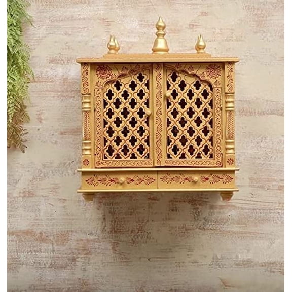TAM Creatio Small Wooden Pooja Mandir Indian Hindu Decoration Puja Cabinet Temple Bhagwan Stand Mandapam Wall Hanging Decor for Home in USA (Yellow, Small-18X9X21)